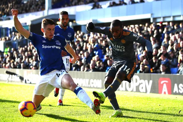 Jonjoe Kenny flies into a tackle on Leicester City's Ricardo Pereira during a Premier League encounter two years ago. (Photo by Clive Brunskill/Getty Images)