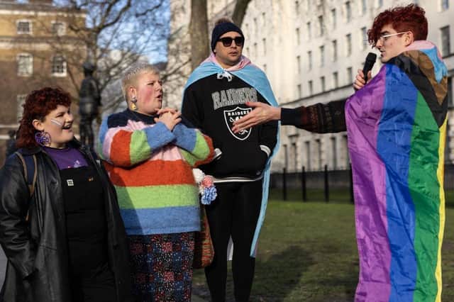 Trans rights activists protest the Section 35 order to block Scotland's recent Gender Recognition Reform (Scotland) Bill outside opposite Downing Street this week (Picture: Dan Kitwood/Getty Images)
