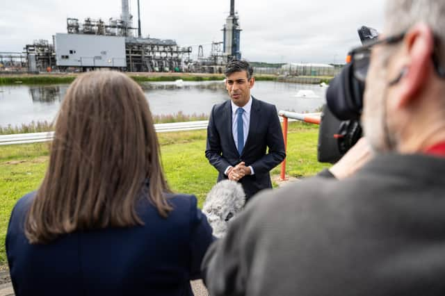 Rishi Sunak, seen visiting the Shell St Fergus gas plant in Peterhead in July, needs to demonstrate that his new pathway to net-zero emissions is credible (Picture: Euan Duff/WPA pool/Getty Images)