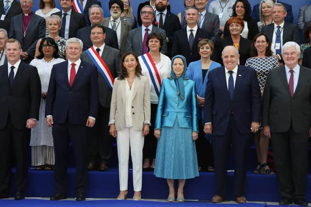 Front row from left: Former Canadian foreign minister John Baird, retired Canadian politician Stephen Joseph, Colombian-French politician Ingrid Betancourt, leader of the People's Mujahedin of Iran Maryam Rajavi, former US mayor of New York City and attorney to President Donald Trump, Rudolph Giuliani, and former US Speaker of the House Newt Gingrich could all have been killed, along with Struan Stevenson and others, if the bomb plot had succeeded (Picture: Zakaria Abdelkafi/AFP via Getty Images)