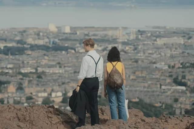Ambika Mod and Leo Woodall as Emma and Dexter on Arthur's Seat, in the Netflix adaptation of David Nicholl's bestselling novel, One Day. Pic: Netflix