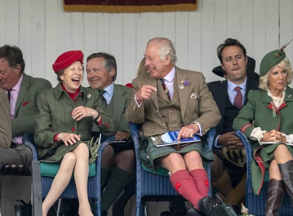 The Princess Royal (left) with the Prince of Wales and the Duchess of Cornwall, known as the Duke and Duchess of Rothesay while in Scotland, during the Braemar Royal Highland Gathering
