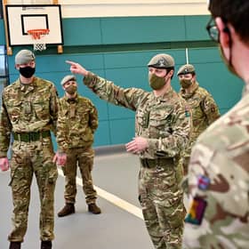 Members of the Royal Scots Dragoon Guard set up a Covid vaccination centre in Glasgow in January. The request to NHS Borders and Lanarkshire will be the first time soldiers are brought in to help with acute care. Photo by Jeff J Mitchell/Getty Images.