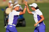 Suzann Pettersen and Carlota Ciganda winning a match during the 2013 Solheim Cup at the Colorado Golf Club. Picture: Doug Pensinger/Getty Images.