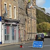 Fire crews a the former Fife College building, police have closed the road (Pic: Cath Ruane)