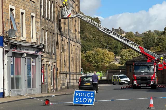 Fire crews a the former Fife College building, police have closed the road (Pic: Cath Ruane)
