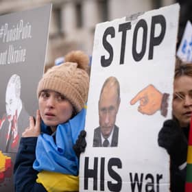 Ukrainians hold a protest against the Russian invasion of Ukraine outside Downing Street. Picture: Stefan Rousseau/PA Wire