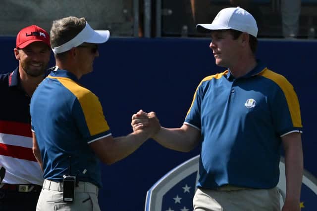 Bob MacIntyre is greeted by Europe's Ryder Cup captain Luke Donald ahead of his singles clash with Wyndham Clark in last year's Ryder Cup in Rome. Picture: Andreas Solaro/AFP via Getty Images.