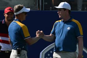 Bob MacIntyre is greeted by Europe's Ryder Cup captain Luke Donald ahead of his singles clash with Wyndham Clark in last year's Ryder Cup in Rome. Picture: Andreas Solaro/AFP via Getty Images.