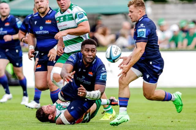 Viliame Mata, in his last appearance for Edinburgh before joining Bristol, is tackled by Michele Lamaro of Benetton. (Photo by Alfo Guarise/INPHO/Shutterstock)