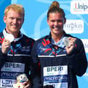 Britain's James Heatly and Grace Reid with their silver medals on the podium after the Mixed 3M Springboard final at the European Aquatics Championships in Rome . Picture: Clive Rose/Getty