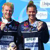 Britain's James Heatly and Grace Reid with their silver medals on the podium after the Mixed 3M Springboard final at the European Aquatics Championships in Rome . Picture: Clive Rose/Getty