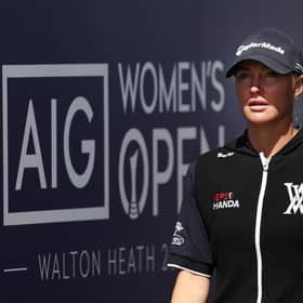Charley Hull walks to the first tee on the final day of the AIG Women's Open at Walton Heath in Tadworth. Picture: Oisin Keniry/R&A/R&A via Getty Images.