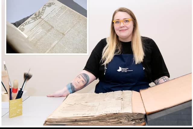 Among the many treasures cared for by National Library of Scotland conservator Claire Hutchison is the first edition of The Scotsman (inset).
