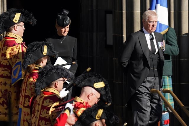The Countess of Wessex and The Duke of York leaving a Service of Prayer and Reflection for the Life of Queen Elizabeth II at St Giles' Cathedral, Edinburgh.