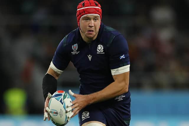 Grant Gilchrist in action during the 2019 Rugby World Cup Group A game between Scotland and Russia at Shizuoka Stadium in Fukuroi, Shizuoka, Japan. (Photo by Mike Hewitt/Getty Images)