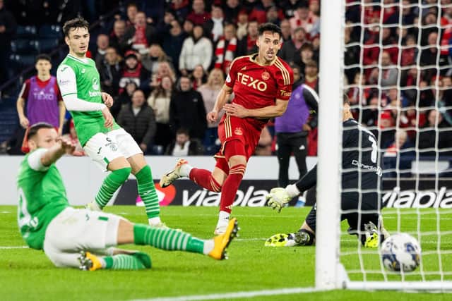 Bojan Miovski fires home the only goal of the game as Aberdeen overcame Hibs at Hampden.