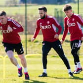 From left, Jonny Hayes, Graeme Shinnie and Leighton Clarkson during an Aberdeen training session at Cormack Park ahead of facing Rangers on Sunday.