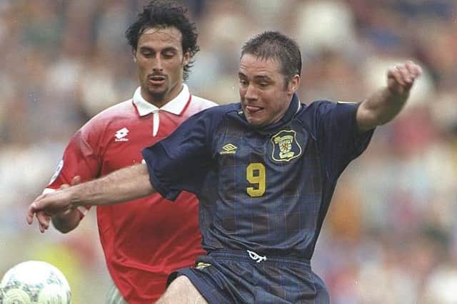 Ally McCoist of Scotland in action during the Euro 96 match against Switzerland at Villa Park in Birmingham, England. Scotland won the match 1-0. (Simon Bruty/Allsport via Getty Images)
