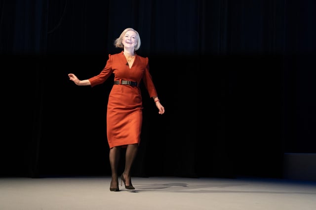Prime Minister Liz Truss arriving on stage to deliver her keynote speech to the Conservative Party annual conference at the International Convention Centre in Birmingham. Picture; 05/10/2022