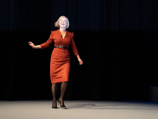 Prime Minister Liz Truss arriving on stage to deliver her keynote speech to the Conservative Party annual conference at the International Convention Centre in Birmingham. Picture; 05/10/2022