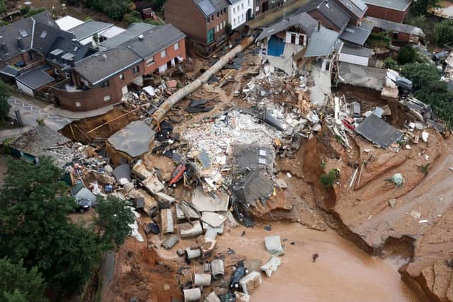 An aerial photograph shows an area completely destroyed by the floods in the Blessem district of Erftstadt, western Germany (Picture: Sebastian Bozon/AFP via Getty Images)