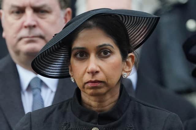 Home Secretary Suella Braverman during the Remembrance Sunday service at the Cenotaph, in Whitehall, London. PIC:  Jonathan Brady/PA Wire