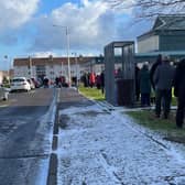 The long queue at Templehall's vaccine centre in Kirkcaldy where elderly people had to queue for over an hour in freezing temperatures to get their COVID vaccine (Pic: Karen Anderson)