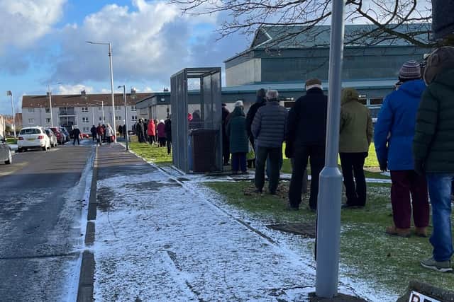 The long queue at Templehall's vaccine centre in Kirkcaldy where elderly people had to queue for over an hour in freezing temperatures to get their COVID vaccine (Pic: Karen Anderson)