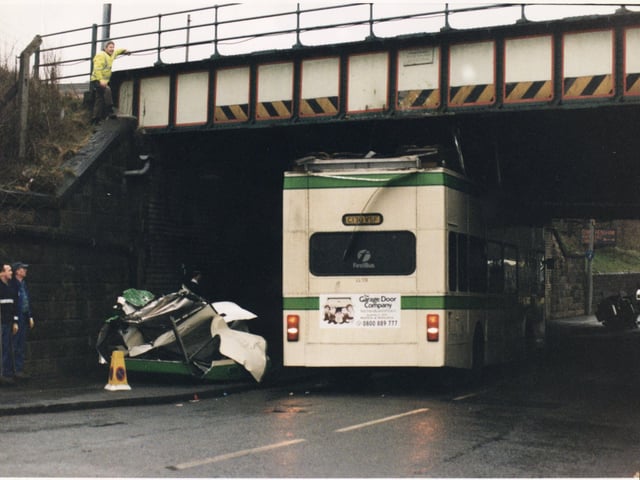 Bus smash at Russell Street, Edinburgh.A SMT double decker with Hearts fans on board crashed into the low railway bridge. Photo taken on 16/3/96.