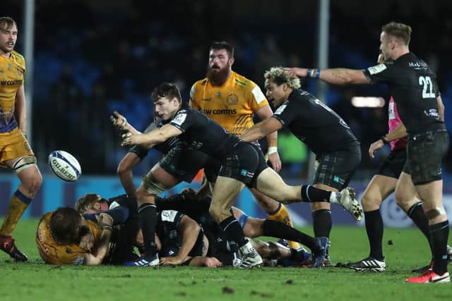 Jamie Dobie of Glasgow Warriors passes the ball during last season's Heineken Champions Cup match against Exeter Chiefs. The sides will meet again in the new season. Picture: David Rogers/Getty Images