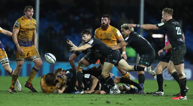 Jamie Dobie of Glasgow Warriors passes the ball during last season's Heineken Champions Cup match against Exeter Chiefs. The sides will meet again in the new season. Picture: David Rogers/Getty Images