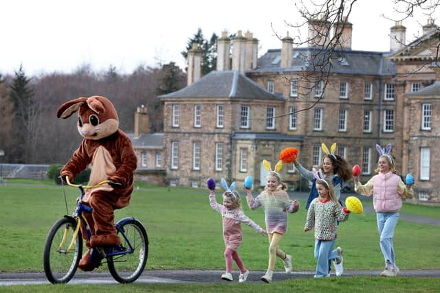 Dalkeith Country Park Easter Events LaunchPictured chasing the Dalkeith Country Park Easter bunny are sisters Sadie Watkins (aged four) and Phoebe Watkins (aged seven), Juliette Thomson (aged seven and from North Berwick), Elijah Mitchell (aged nine) and Alexandra Thomson (aged 11).Photography for Dalkeith Country Park from: Colin Hattersley Photography - www.colinhattersley.com - cphattersley@gmail.com - 07974 957 388.