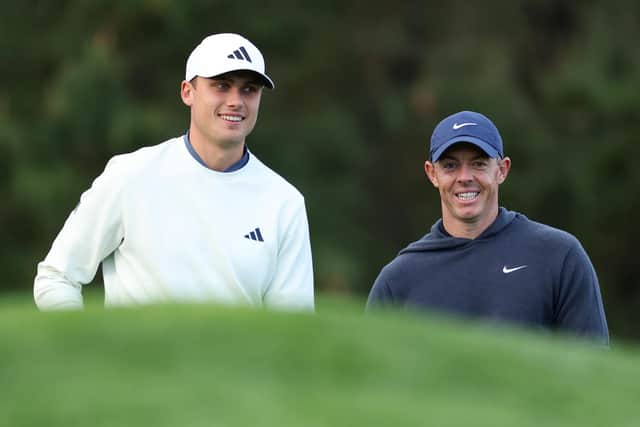 Ryder Cup team-mates Ludvig Aberg and Rory McIlroy pictured playing together in the AT&T Pebble Beach Pro-Am earlier this year. Picture: Ezra Shaw/Getty Images.
