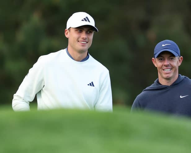 Ryder Cup team-mates Ludvig Aberg and Rory McIlroy pictured playing together in the AT&T Pebble Beach Pro-Am earlier this year. Picture: Ezra Shaw/Getty Images.