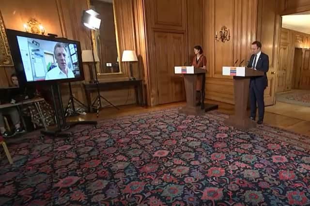 Deputy Chief Medical Officer for England Dr Jenny Harries and UK Health Secretary Matt Hancock answer questions from the media via a video link in 10 Downing Street