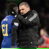 Celtic manager Ange Postecoglou and Hearts' Garang Kuol at full time following a recent match at Parkhead.  (Photo by Craig Williamson / SNS Group)