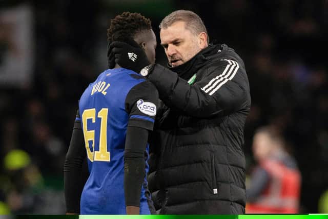 Celtic manager Ange Postecoglou and Hearts' Garang Kuol at full time following a recent match at Parkhead. (Photo by Craig Williamson / SNS Group)