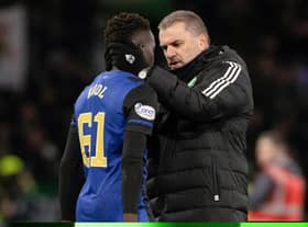 Celtic manager Ange Postecoglou and Hearts' Garang Kuol at full time following a recent match at Parkhead.  (Photo by Craig Williamson / SNS Group)