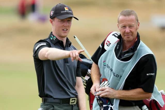 Craig Howie makes a point to his caddie during day one of the Cazoo Classic in Lancashire. Picture: Warren Little/Getty Images.