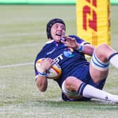 Lewis Carmichael scores a try on his Scotland debut, against Canada in Edmonton in 2018. Picture: Gary Hutchison/SNS