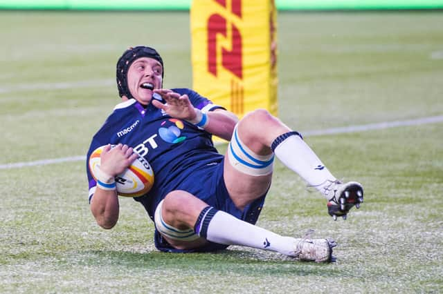 Lewis Carmichael scores a try on his Scotland debut, against Canada in Edmonton in 2018. Picture: Gary Hutchison/SNS