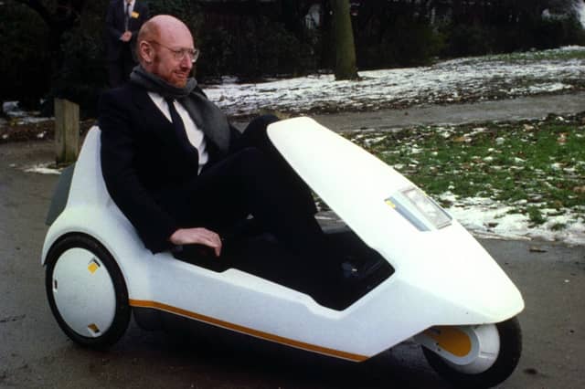 Sir Clive Sinclair demonstrates his C5 electric vehicle, in 1985