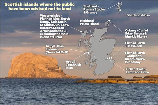 Bass Rock off East Lothian, with a map of the locations that NatureScot has advised people not to land to restrict the spread of avian flu
