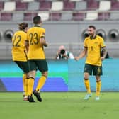 Martin Boyle of Australia celebrates after scoring their team's second goal during the 2022 FIFA World Cup Qualifier match between Australia and China PR at Khalifa International Stadium on September 02, 2021 in Doha, Qatar. (Photo by Mohamed Farag/Getty Images)