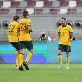Martin Boyle of Australia celebrates after scoring their team's second goal during the 2022 FIFA World Cup Qualifier match between Australia and China PR at Khalifa International Stadium on September 02, 2021 in Doha, Qatar. (Photo by Mohamed Farag/Getty Images)