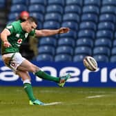 Johnny Sexton of Ireland kicks the winning penalty during the Guinness Six Nations match between Scotland and Ireland at Murrayfield on March 14, 2021 in Edinburgh, Scotland. (Photo by Stu Forster/Getty Images)