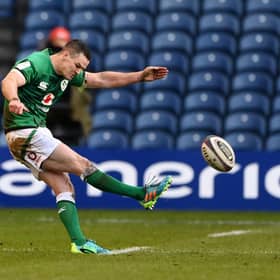 Johnny Sexton of Ireland kicks the winning penalty during the Guinness Six Nations match between Scotland and Ireland at Murrayfield on March 14, 2021 in Edinburgh, Scotland. (Photo by Stu Forster/Getty Images)