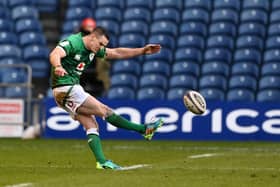 Johnny Sexton of Ireland kicks the winning penalty during the Guinness Six Nations match between Scotland and Ireland at Murrayfield on March 14, 2021 in Edinburgh, Scotland. (Photo by Stu Forster/Getty Images)