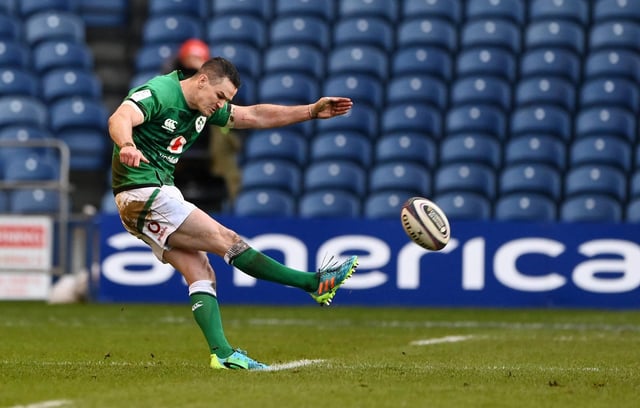 Johnny Sexton of Ireland kicks the winning penalty during the Guinness Six Nations match between Scotland and Ireland at Murrayfield on March 14, 2021 in Edinburgh, Scotland. (Photo by Stu Forster/Getty Images)